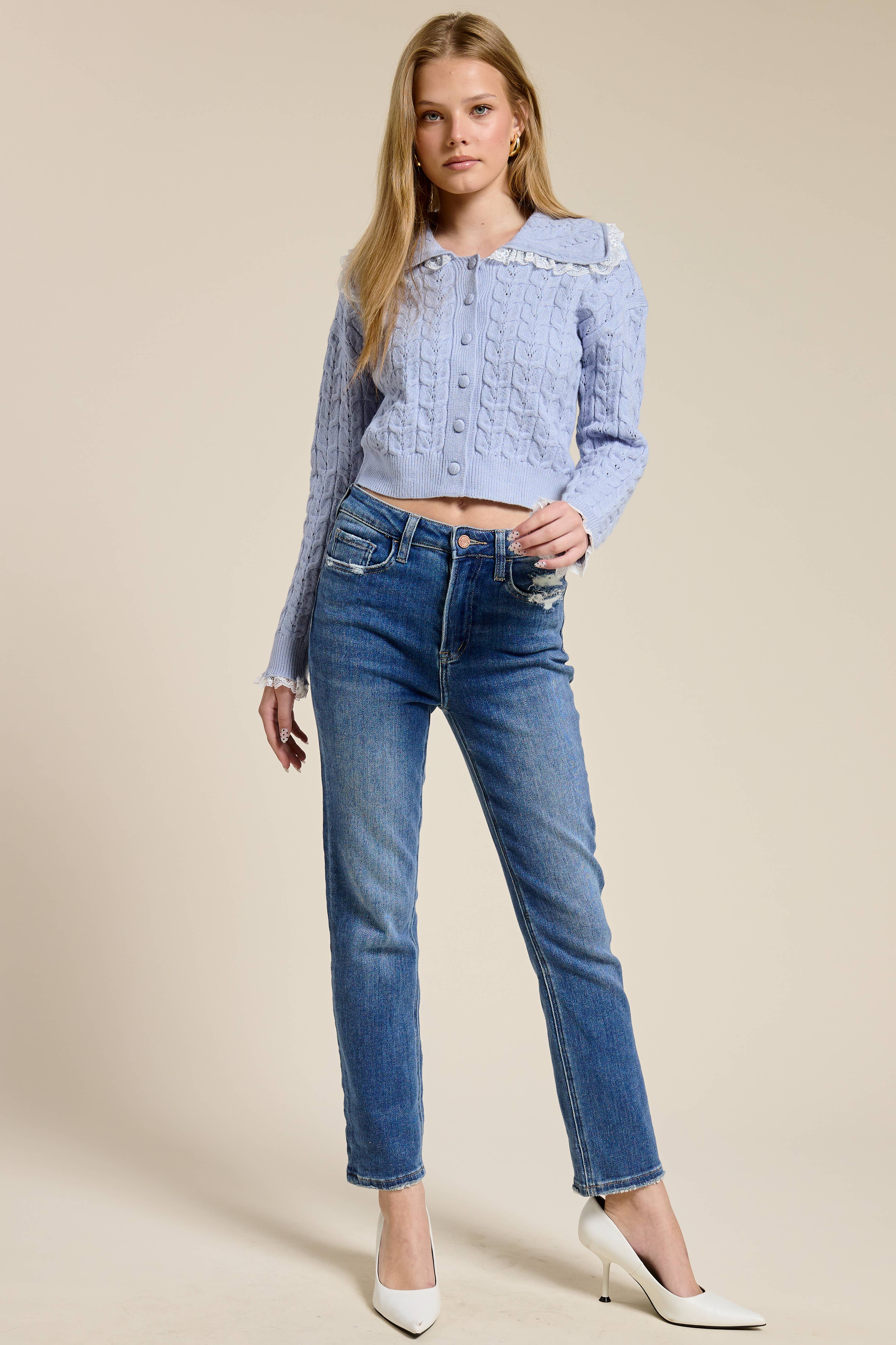 Mimosa - Wholesale Cardigan - Women's - Lace Trim Collar Cable Knit Cardigan6