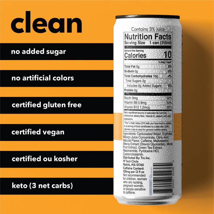 Tru - Wholesale Sparkling Water - Tru Energy Sparkling Drink, Orange Mango (Pack of 12)1