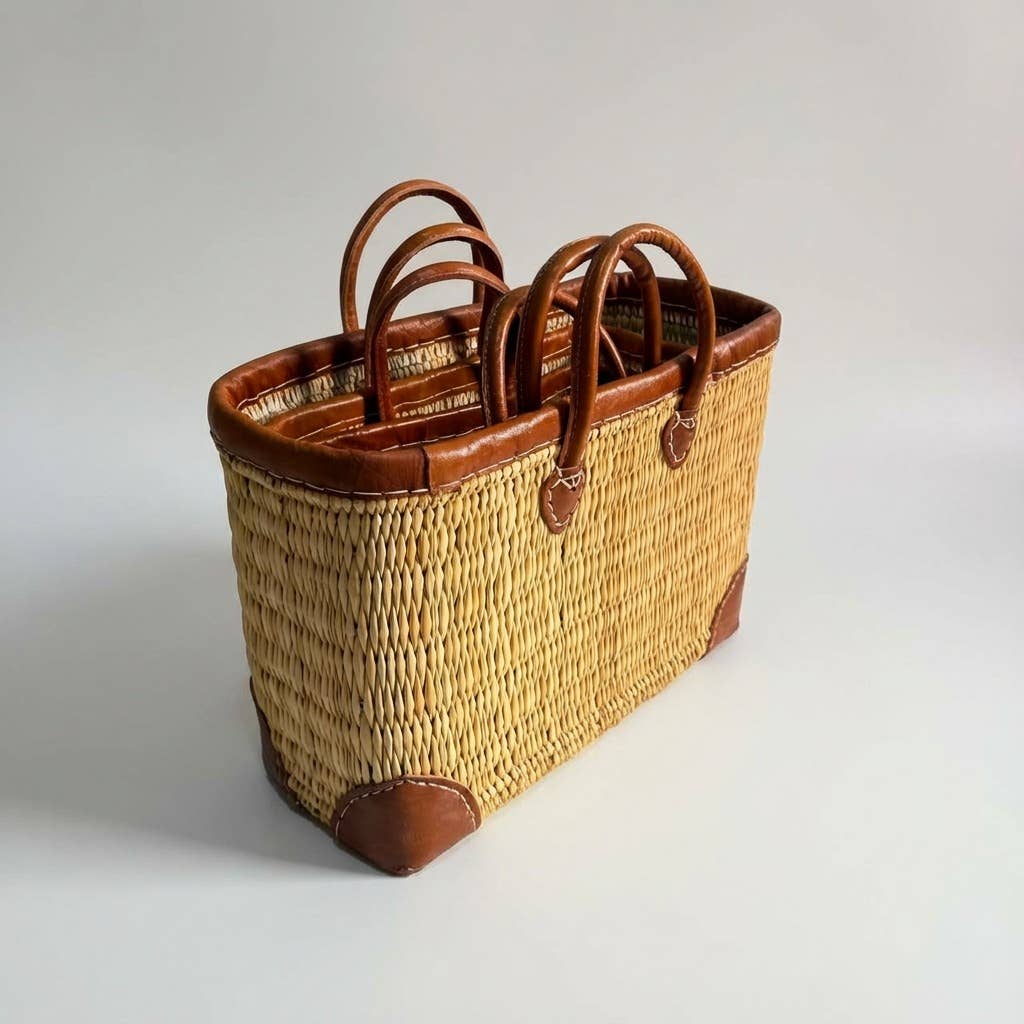 Melecraft - Vente Paniers - Panier de marché en roseau tissé de luxe avec garniture en cuir10