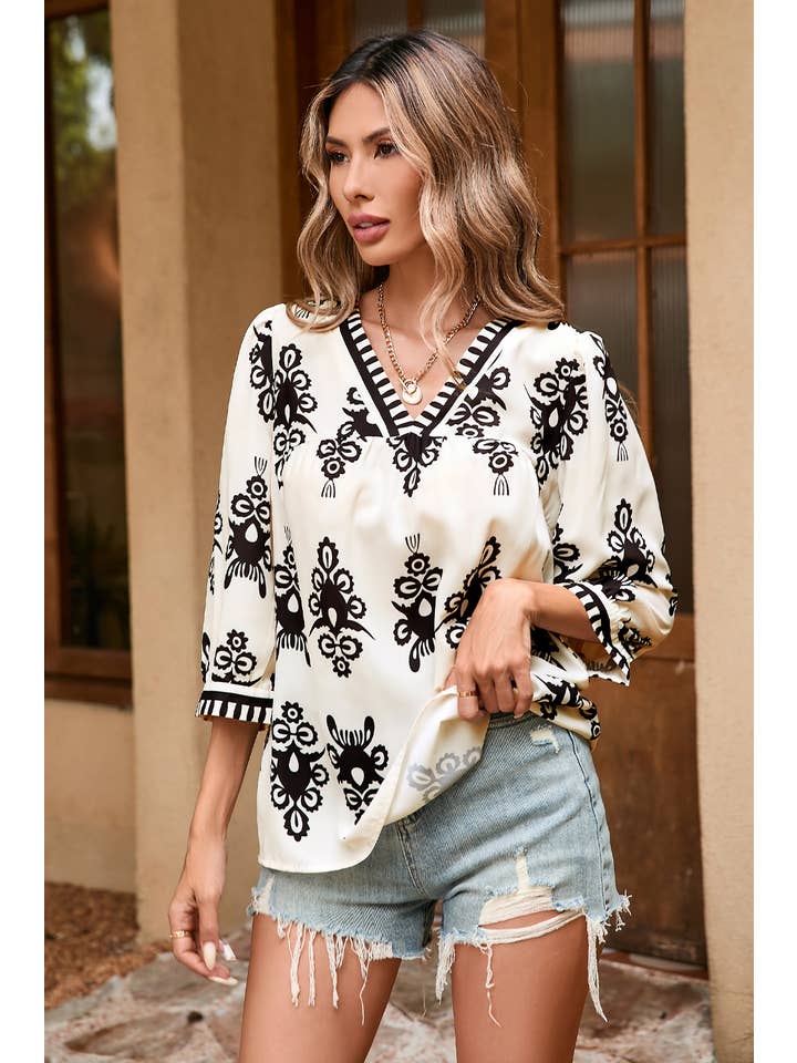 Little Daisy Closet - Wholesale Blouse - Women's - LDC Vintage Printed 3/4 Sleeve V Neck Blouse