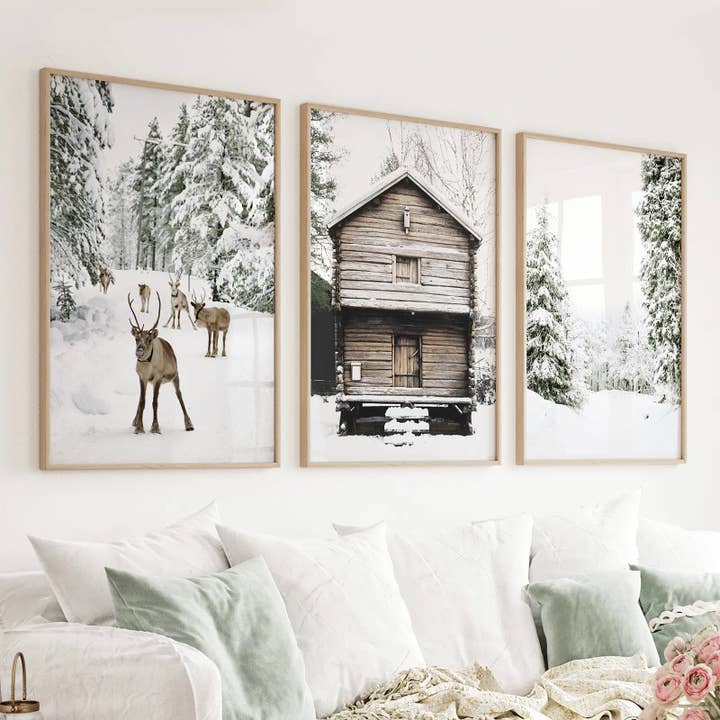 Christmas Theme Wall Art Print. Reindeer, Log Cabin, Forest for wholesale by Art Lane