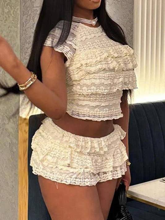 Fashion Combination - Wholesale Top & Skirt Set - Women's - lace ruffles shorts set