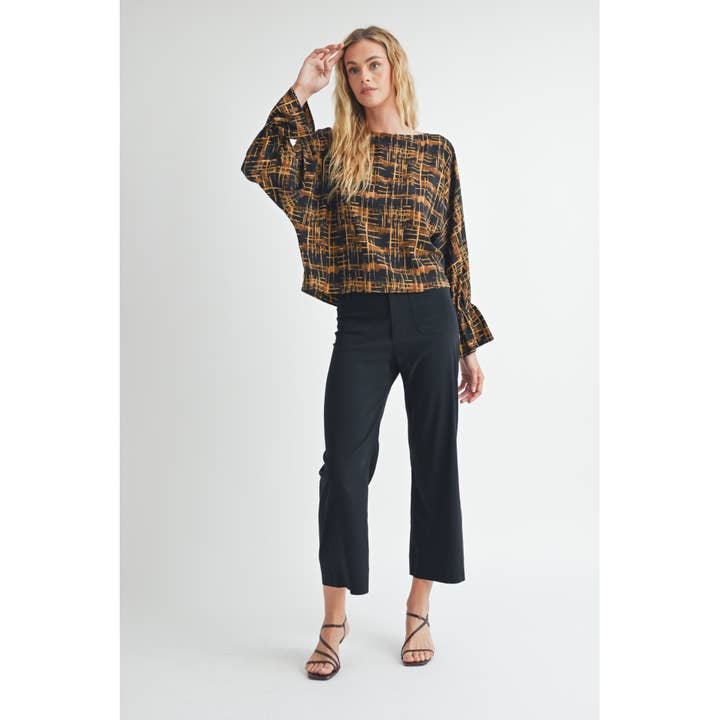 Black PLAID PRINT BOAT NECK BLOUSE for wholesale on Faire