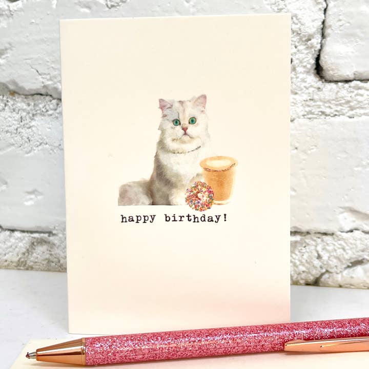 Paperlove Boutique - Wholesale Birthday Card - Happy Birthday -Cat a' Latte with a donut on the side