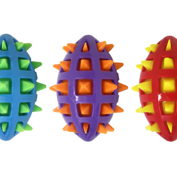 Pet Palette Distribution - Wholesale Pet Chew Toy - Dog - Multipet Spike TPR Football Dog Chew Toy Assorted Colors 5"