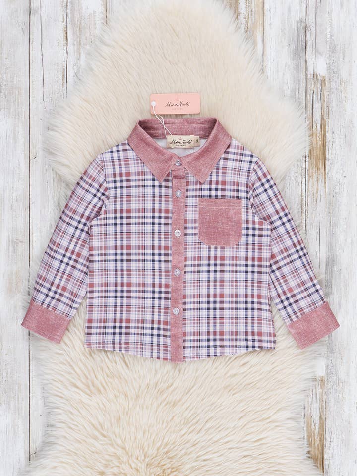 Marie Nicole Clothing - Wholesale Button Down Shirt - Kids - Pocket Button Up Plaid Shirt- Tan