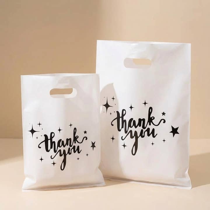 100pcs, White Thank You Stars Cut-out handle PVC gift bag for wholesale by ByHome