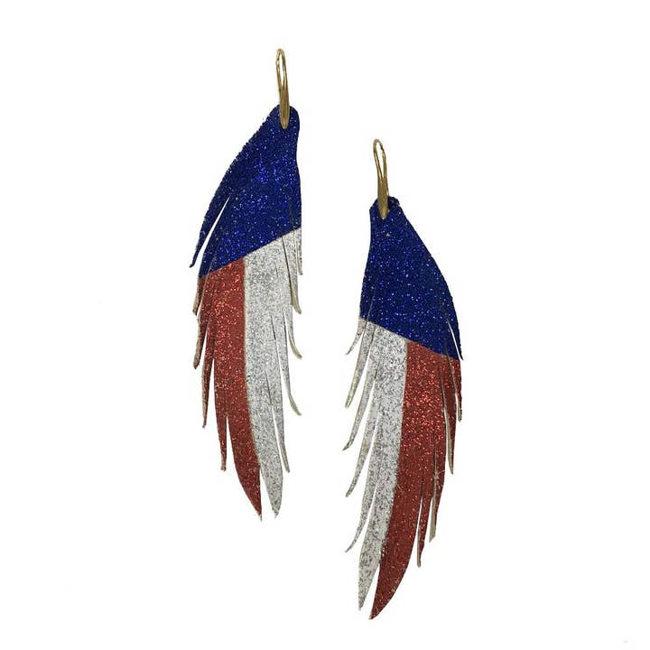 The Supply Society - Wholesale Dangle Earrings - Red White and Blue Short Feather Leather Earring - Texas