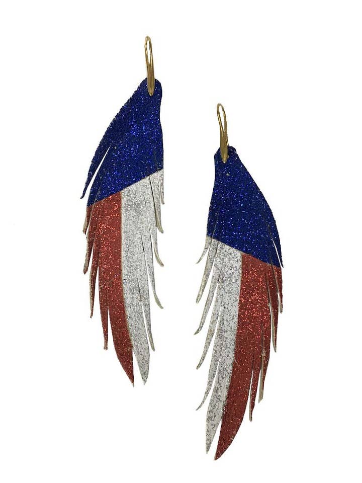 Rød Hvid og Blå Korte Fjer Læder Øreringe - Texas for engroshandel hos The Supply Society