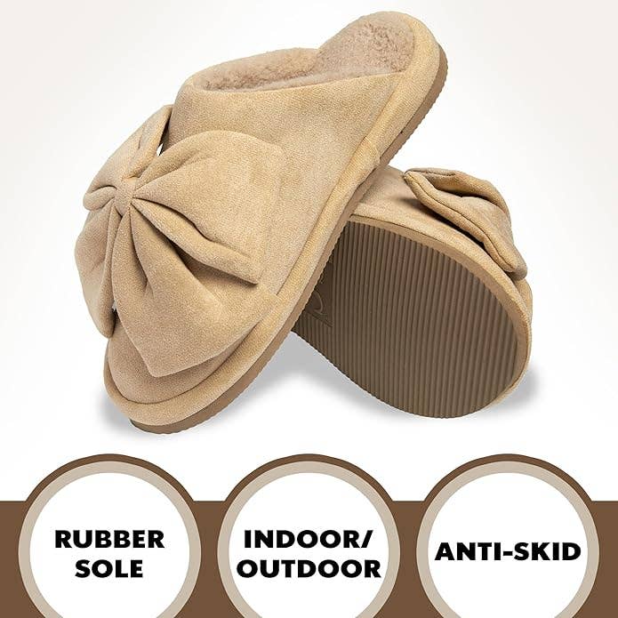 Funky Junque - Wholesale Slippers - Women's - Plush Slippers - Oversized Bow - Dark Beige