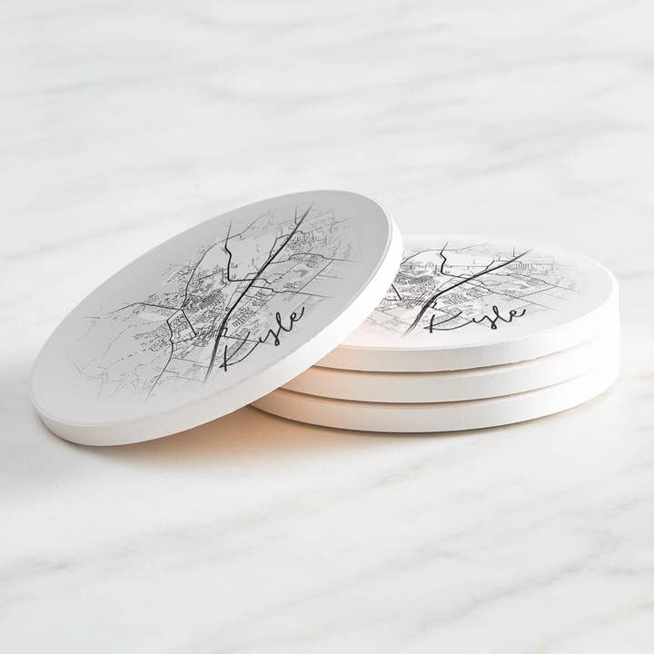 Love Local - Wholesale Coasters - Minimalistic B&W Texas Kyle Circle Map | Absorbent Coasters | Set of 4 | Min 22