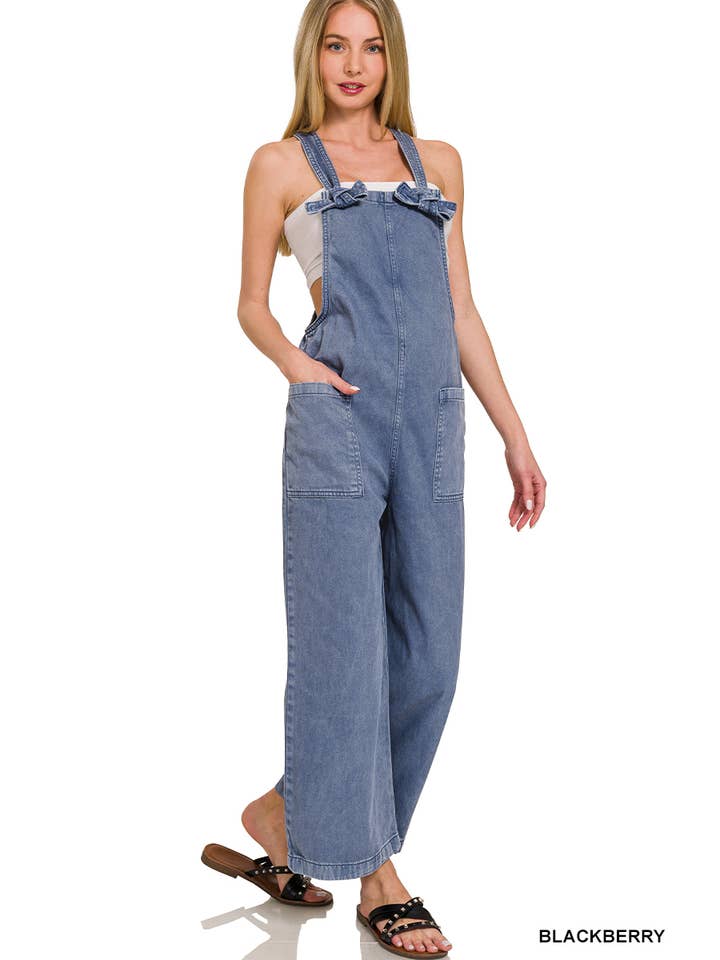 42POPS - Wholesale Overalls - Women's - "..._ SI-26348 Washed Knot Strap Pockets Jumpsuit