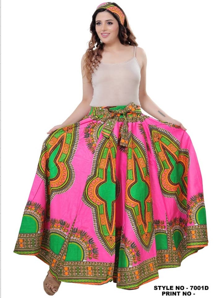 7001 Women Long Maxi Skirt- Pink Dashiki for wholesale by India Batik