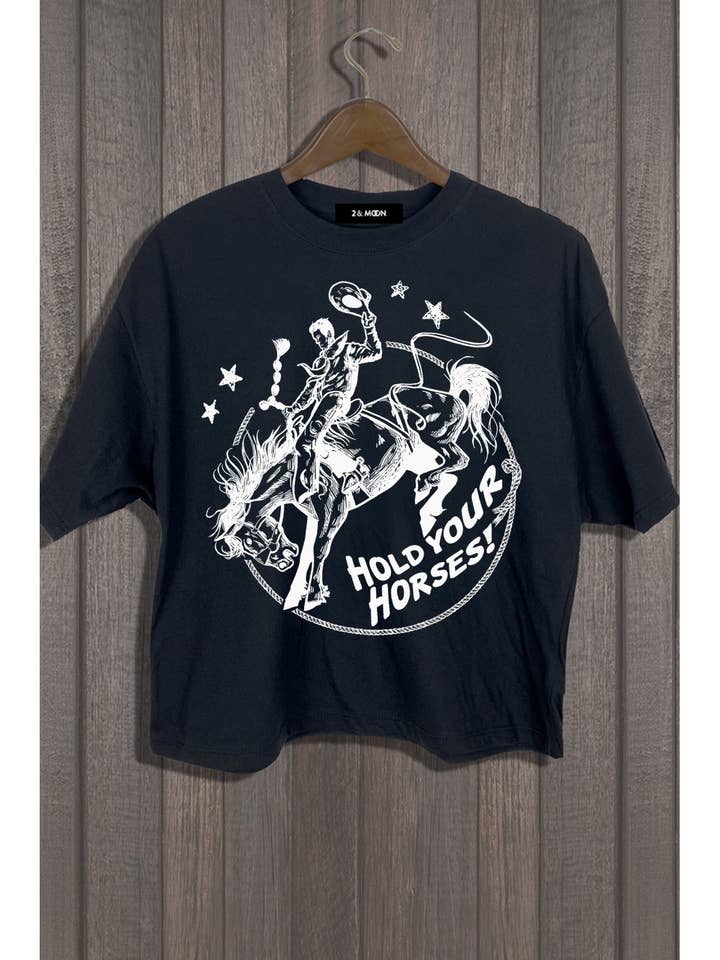 HOLD YOUR HORSES RODEO COWBOY GRAPHIC TEE for wholesale by 2&moon