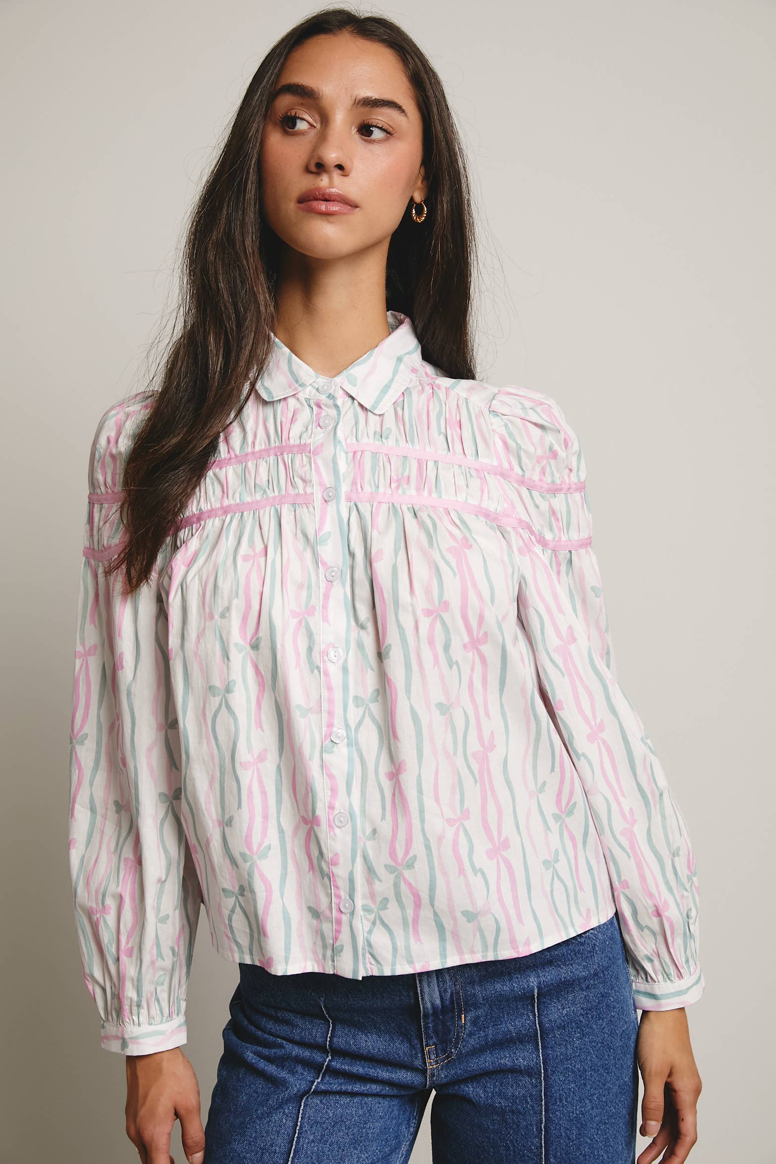 Forte – wholesale Blouse – Women’s – Ribbon Stripe Puff Sleeve Blouse FT000514