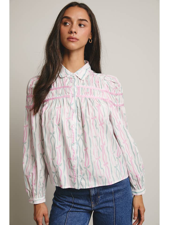 Forte – wholesale Blouse – Women’s – Ribbon Stripe Puff Sleeve Blouse FT000514