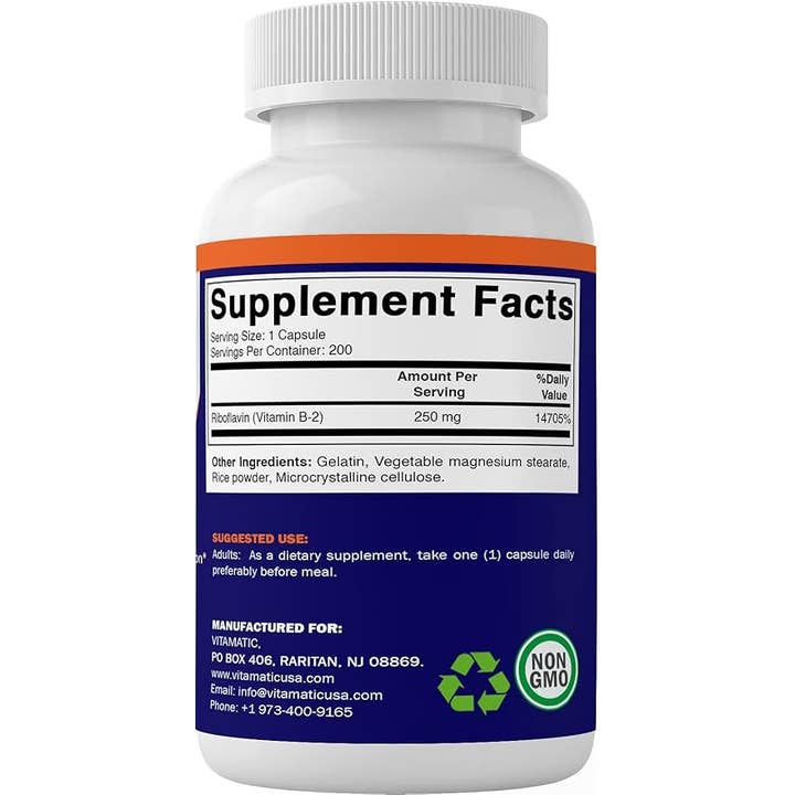 Vitamatic - Wholesale Oral Supplement/Vitamin - Vitamatic | Vitamin B2 (Riboflavin) 250 mg | 200 Capsules