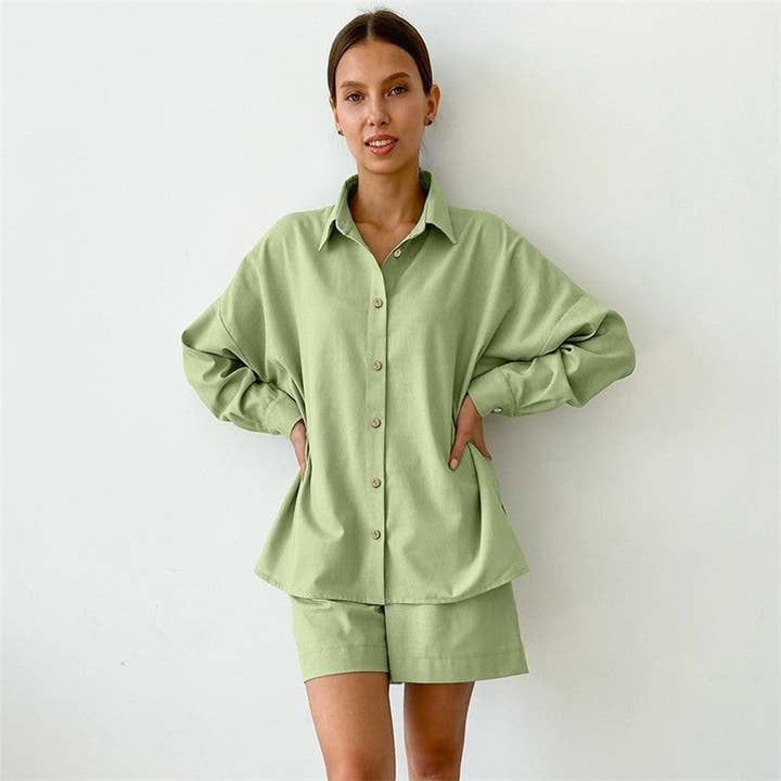 Zweiteiliges Pyjama-Set mit langen Ärmeln aus Strickjacke und Shorts für den Großhandel von UZ Wholesale Store