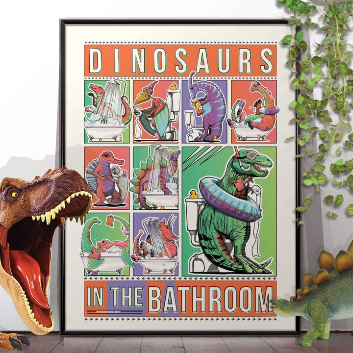 Póster de baño de dinosaurios, divertido estampado de humor para inodoro. para venta al por mayor de In The Washroom