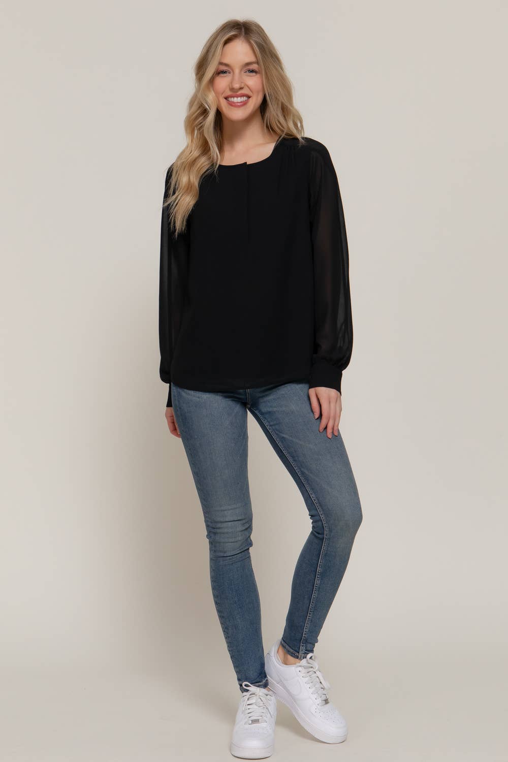 Active Basic | Active USA - Wholesale Blouse - Women's - Long Sleeve Round Neck with Hidden Placket Chiffon Blouse3