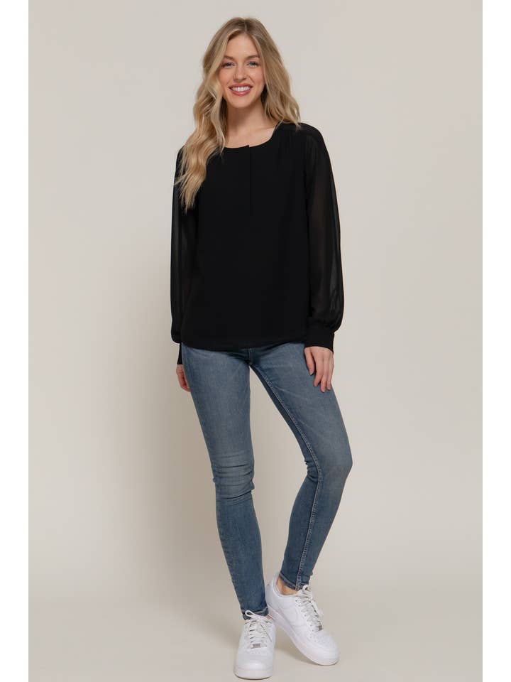 Active Basic | Active USA - Wholesale Blouse - Women's - Long Sleeve Round Neck with Hidden Placket Chiffon Blouse3