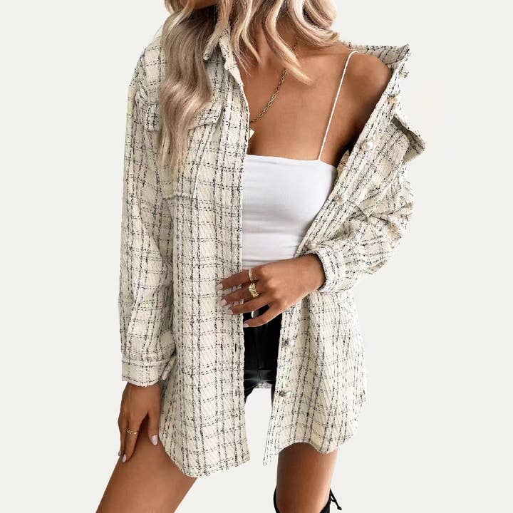 Apricot Looking Great Plaid Collared Neck Tweed Long Sleeve Shacket for wholesale on Faire11