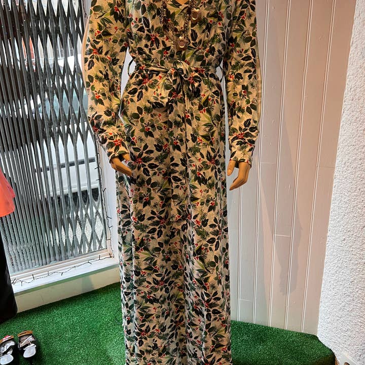 Green flared floral long sleeve open maxi dress for wholesale by JANE FASHION MODE