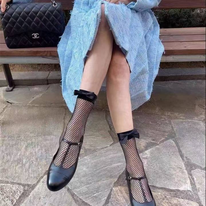 Meias de Rede com Laço - Preto e Branco Clássico por atacado de LadyJuneAccessories