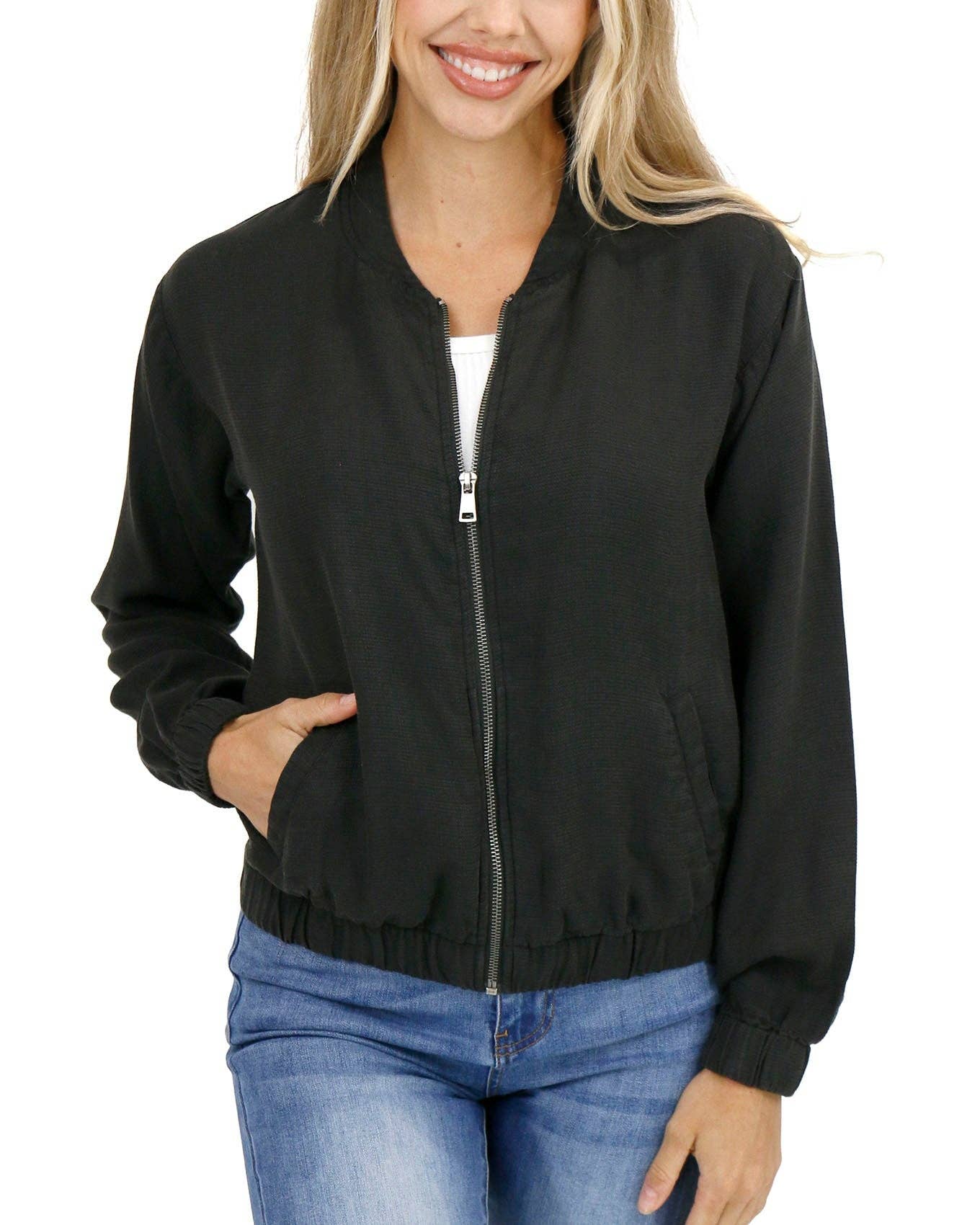 Tencel™ Lyocell Baseball Jacket in Washed Black for wholesale on Faire7