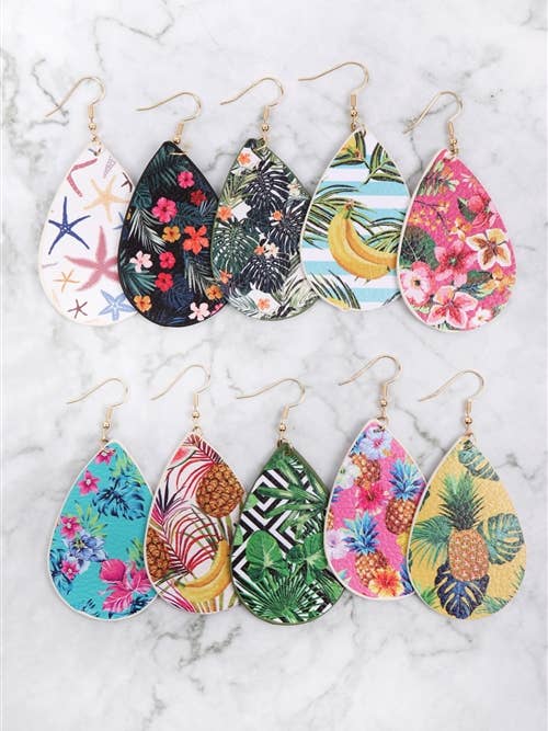 Boucles d'oreilles en similicuir imprimées en forme de larme, motifs assortis pour la vente par MYS Wholesale Inc