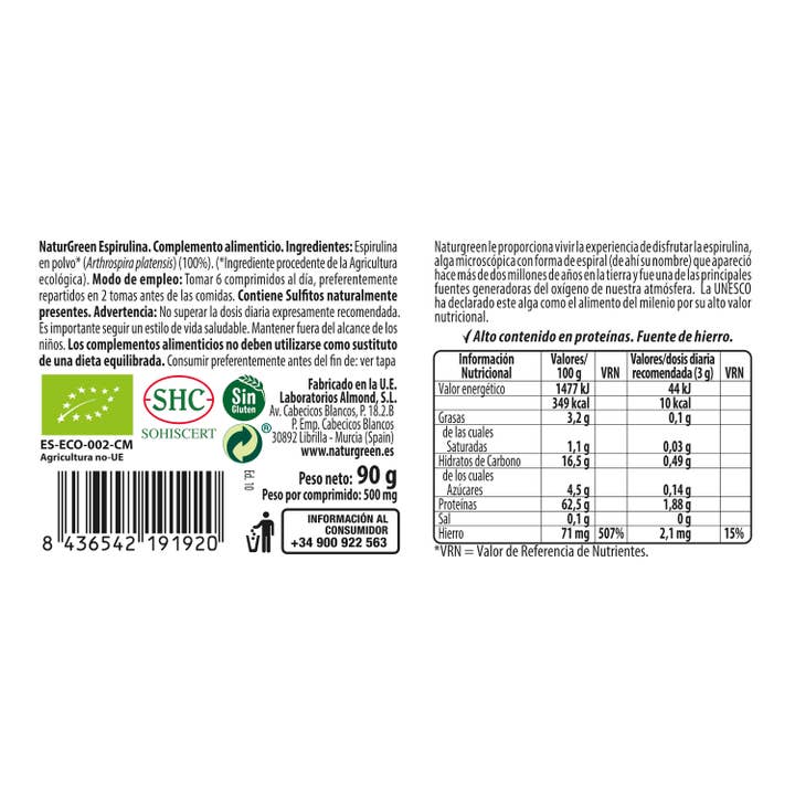 Laboratorios Almond S.L - Wholesale Oral Supplement/Vitamin - NaturGreen EXPERIENCE Spirulina Bio 180 Tablets