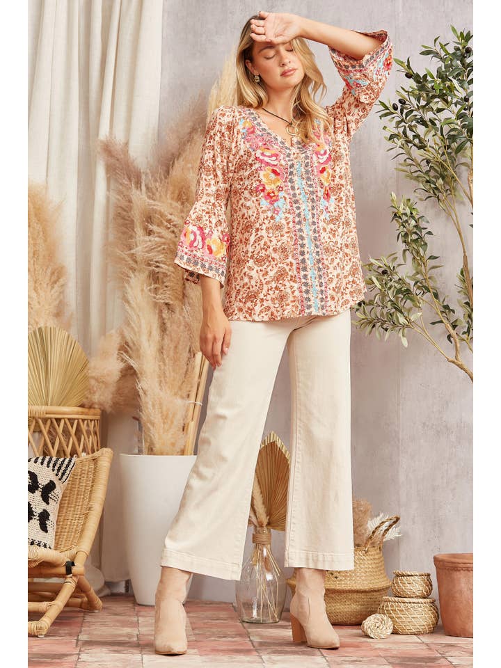 BEIGE RUST Embroidered Top With Split Neckline 12884-43 for wholesale on Faire