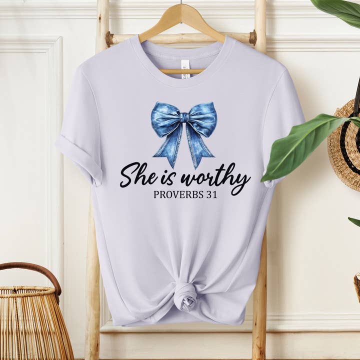 She is Worthy Proverbs 31 Coquette Christian T-Shirt for wholesale by Southern Girl Supply Co