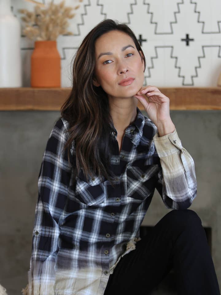 N2U83-RB42 DIP DYE FRAYED HEM PLAID BUTTON UP SHIRT for wholesale by Nostalgia