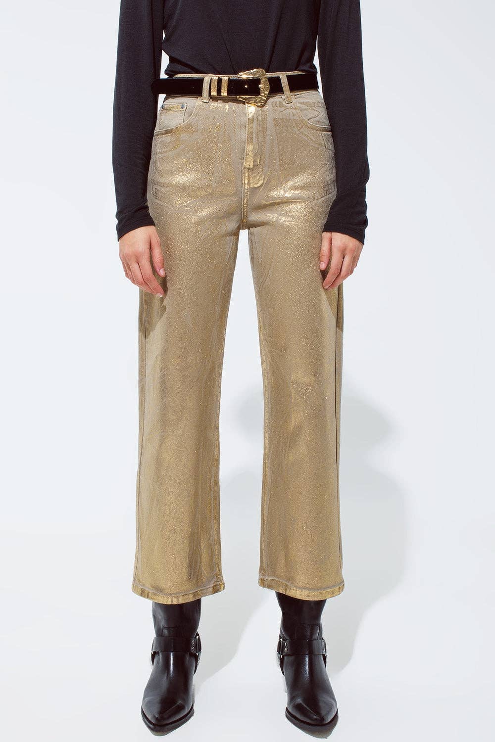 Beige Guld metallic straight leg jeans for engroshandel på Faire