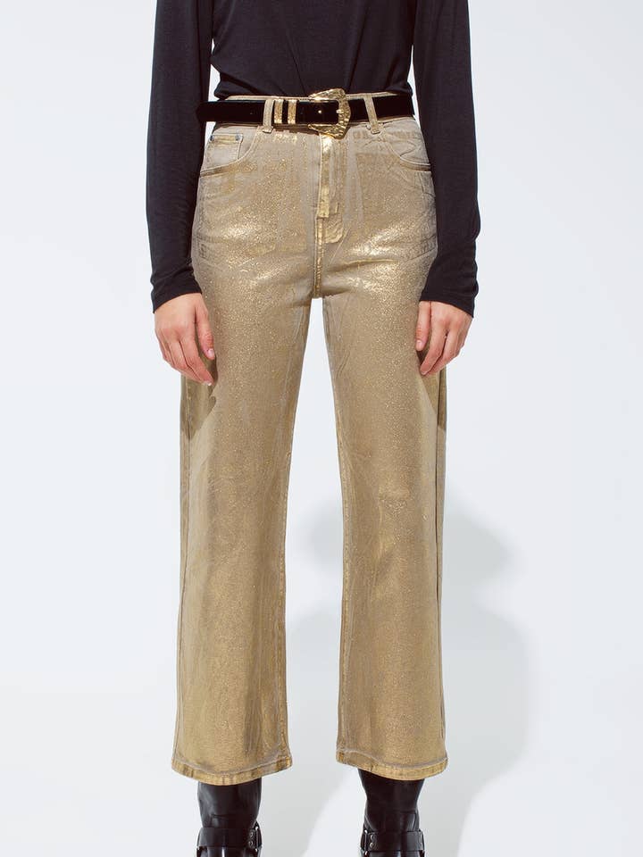 Beige Guld metallic straight leg jeans for engroshandel på Faire0