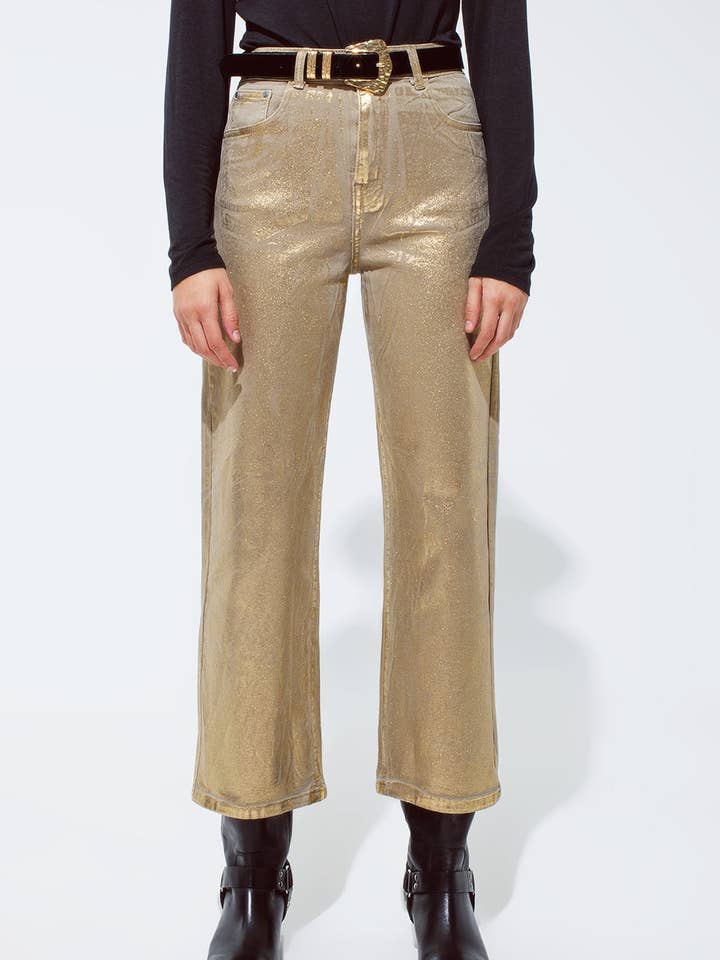 Beige Gold straight leg jeans with metallic glow for wholesale on Faire