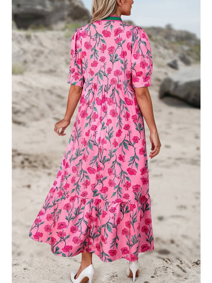 As shown Floral Print V Neck Shift Side Pockets Long Dress | S-XL for wholesale on Faire