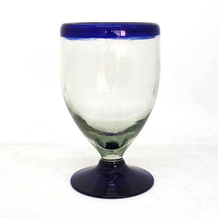 MexHandcraft - Wholesale Wine Glass - Mexican Cobalt Blue Rim 12 oz Short Stem Wine Glasses