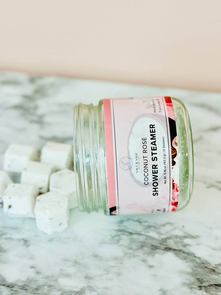 Coconut Rose Mini Shower Steamers for wholesale by Salt & Sage Apothecary