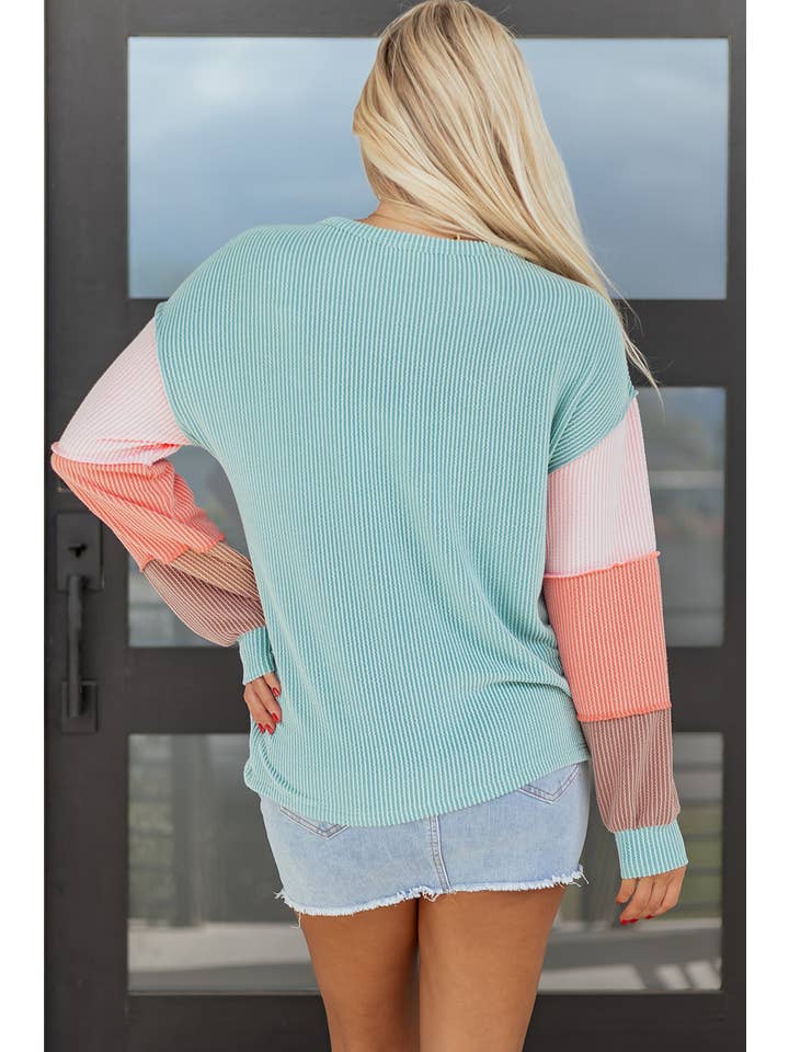 Multicolour Colorblock Corded Knit Long Sleeve Henley Top for wholesale on Faire1