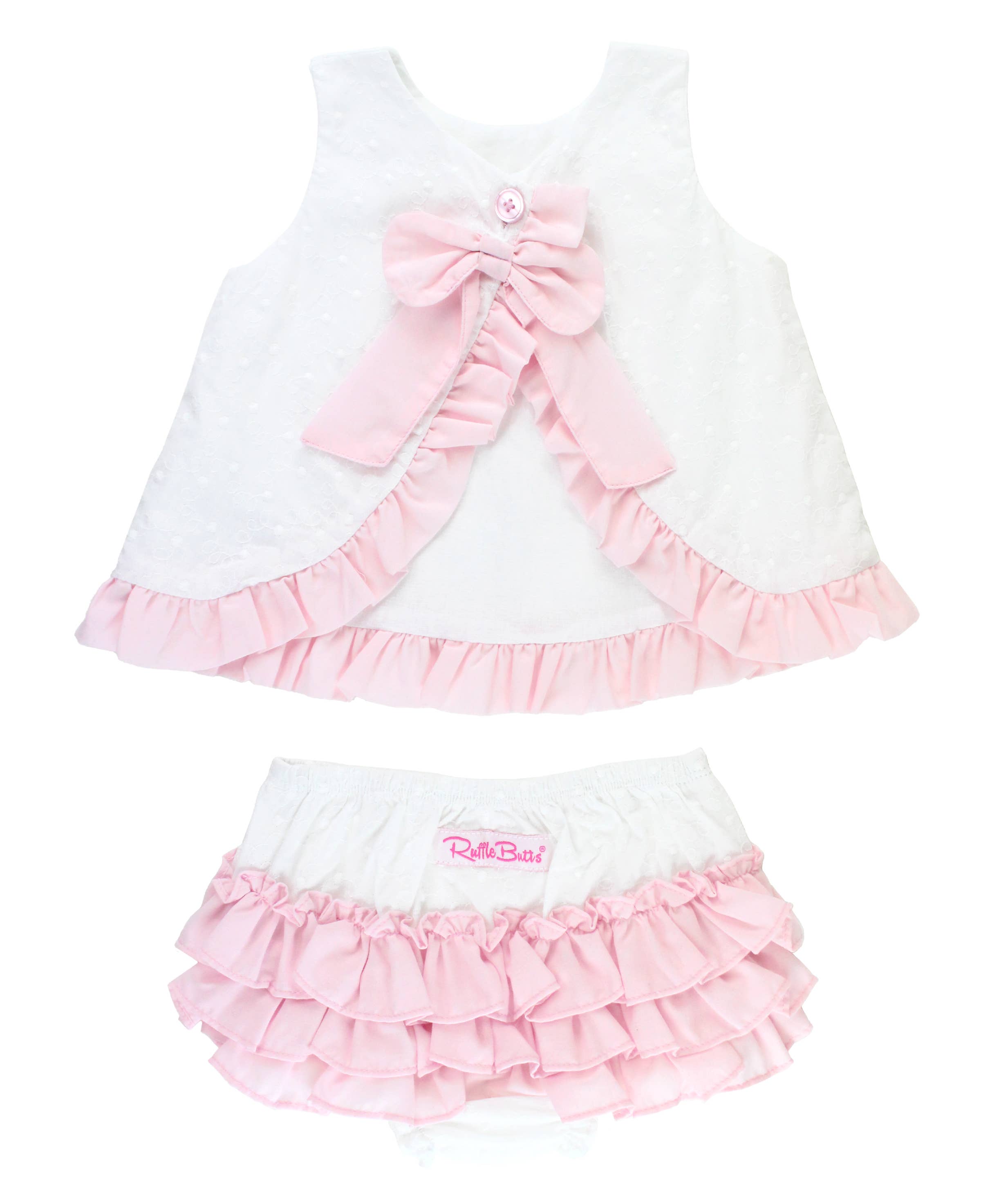 Baby Girls White & Pink Swiss Dot Swing Top & Bloomer Set for wholesale on Faire1