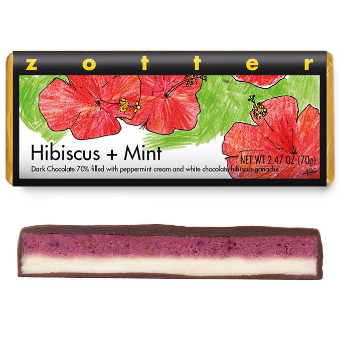 Zotter Chocolates - Wholesale Chocolate Bar - Hibiscus & Mint (Hand-scooped Chocolate)