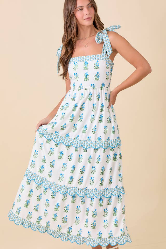 WHITE BLUE Shoulder Strap Tie Summer Midi Dress With Floral for wholesale on Faire