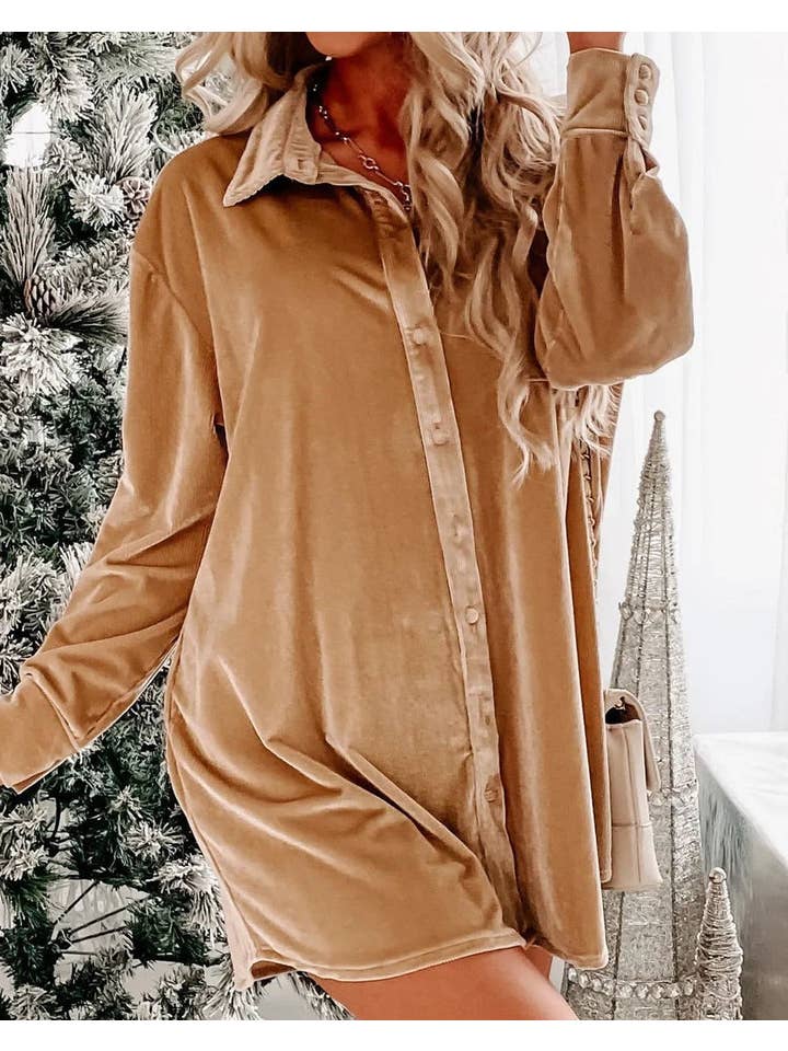PRETTY BASH - Wholesale Dress - Women's - Velvet Long Sleeve Shirt Dress