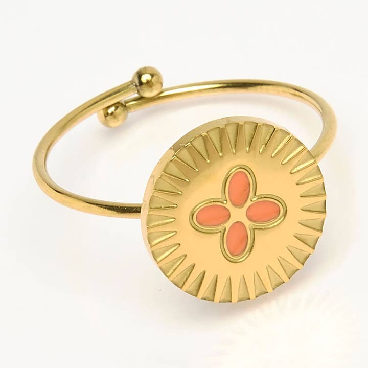 Geëmailleerde gouden roestvrijstalen ring met oranje bloemen, verstelbaar. voor wholesale door By Sookay