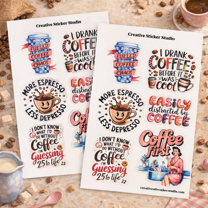 Sticker Sheet Set of 2 - Sassy Coffee More Espresso for wholesale by Creative Sticker Studio