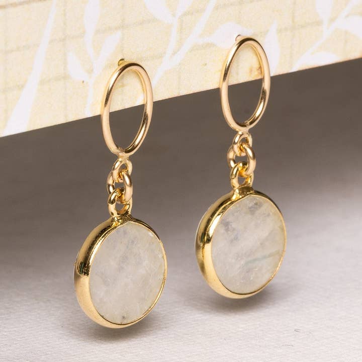 Moonstone Round Gemstone Drop Gold Earrings for wholesale by Soul & Little Rose