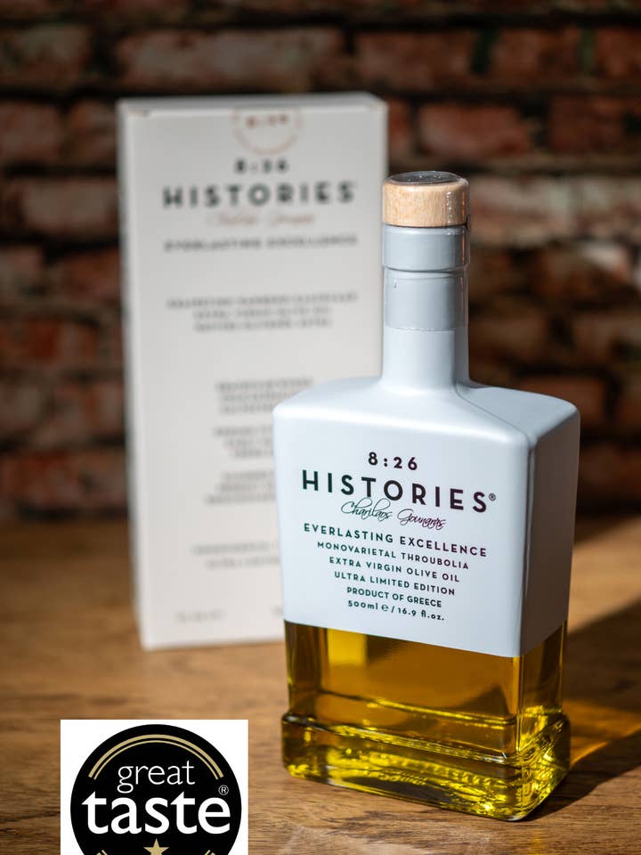 8:26 Histories AOVE Monovarietal Throubolia Luxury Edition para venta al por mayor de Charilaos Gounaras 8:26 Histories