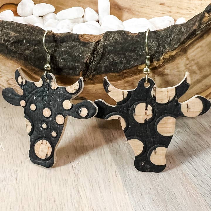 Handmade Genuine Leather Bessie the Bull Black Dot Earrings for wholesale by Bee Marie Market LLC